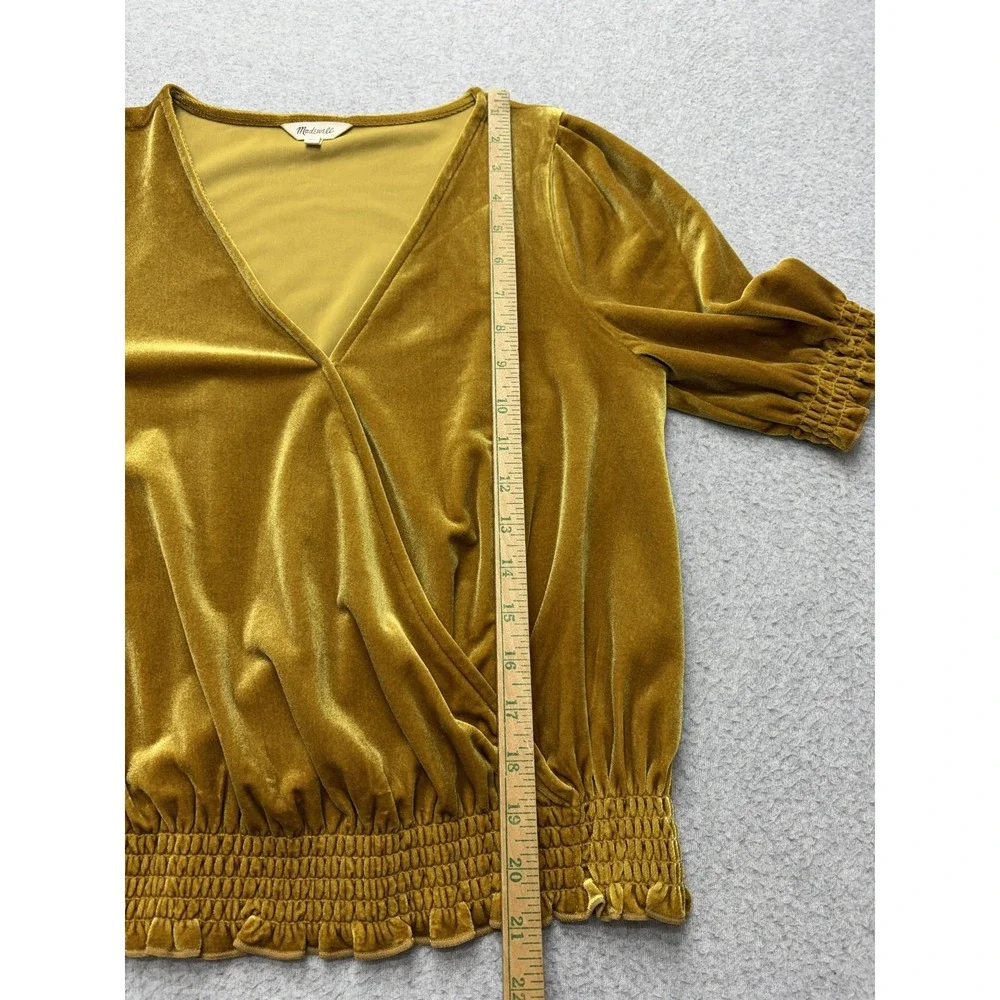 Madewell Blouse Womens Small Gold Velvet Wrap V Neck Top Puff Sleeve Smocked Hem